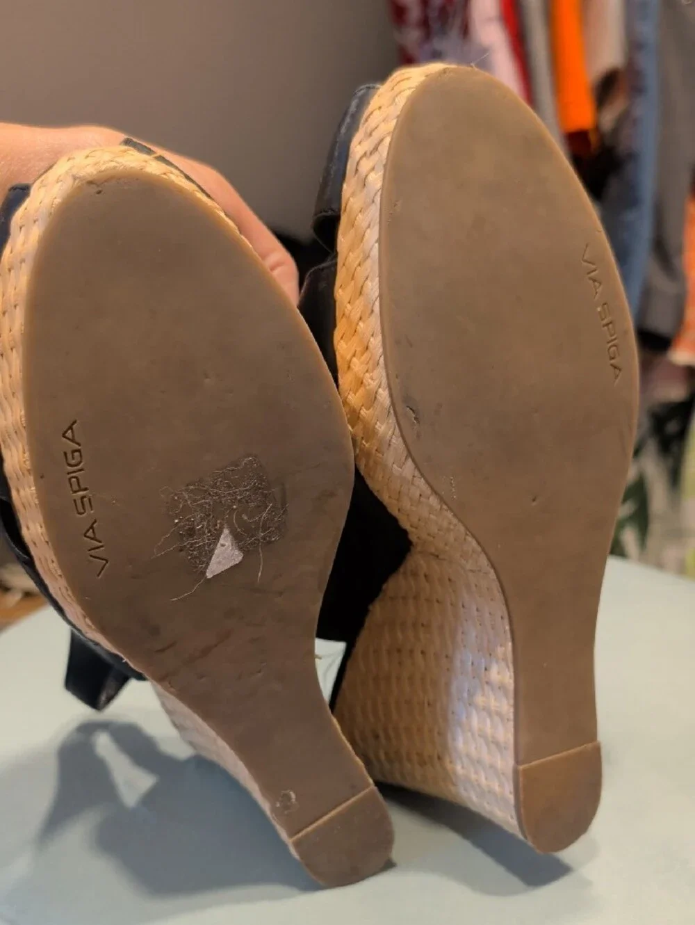 Via Spiga Black Leather Woven Wedge Sandals